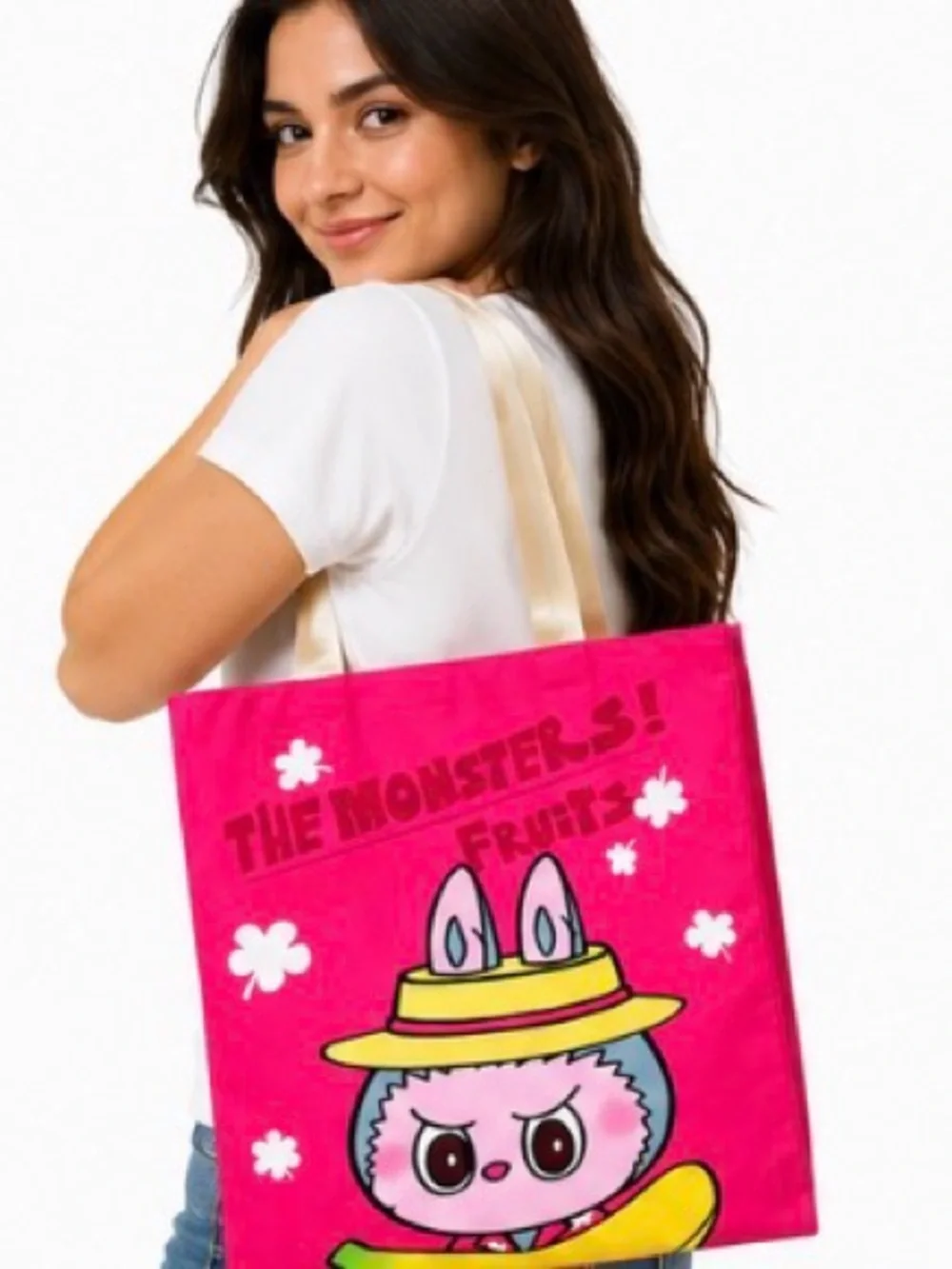Cute Pink Cartoon Tote Bag with Yellow Accent13”x14” cotton